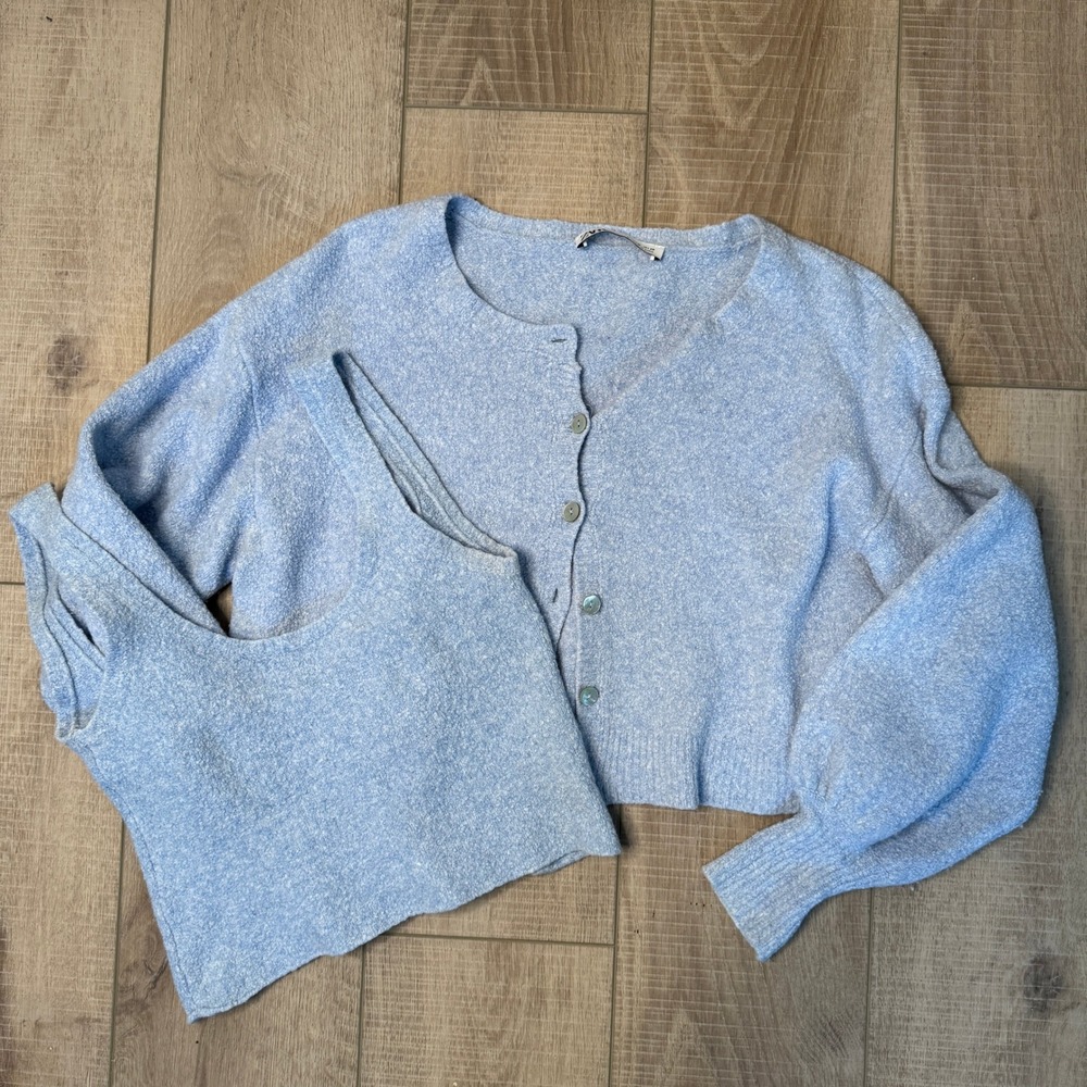 Zara Womens Light Blue Cropped Cardigan and Tank Top Knit Set Size M